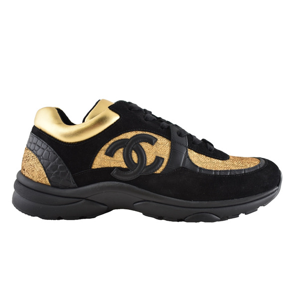 Chanel 19A Mens Black Gold Croc Suede CC Logo Low Top Trainer Sneaker 44 11 - Picture 1 of 14